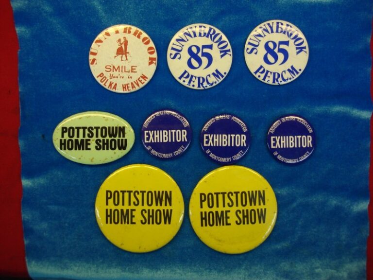 Set of nine vintage pinback buttons from Pottstown, PA featuring Sunnybrook and Homeshow themes