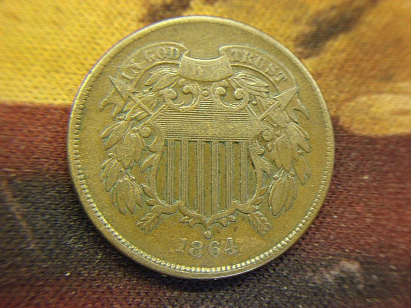 1864 Large Date Two Cent Piece with natural toning and fine detail