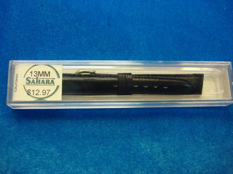 Vintage Sahara black calfskin leather watch strap, 13mm, new in box