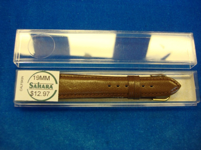 Vintage Sahara 19mm brown calfskin leather watch strap, new in box