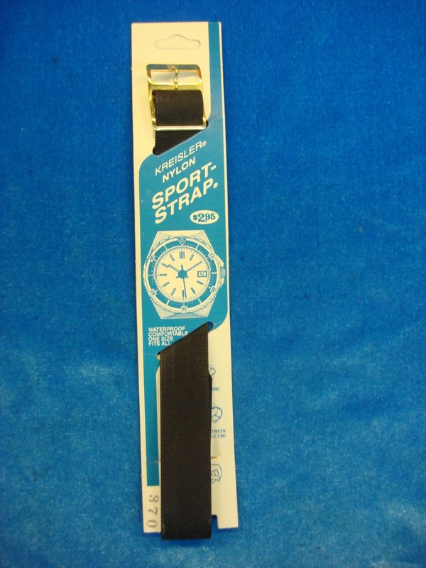 Vintage Kreisler flat black nylon sport watch strap, model 370, new on card