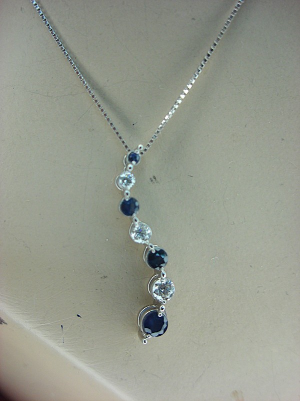 14K white gold diamond and sapphire journey pendant necklace