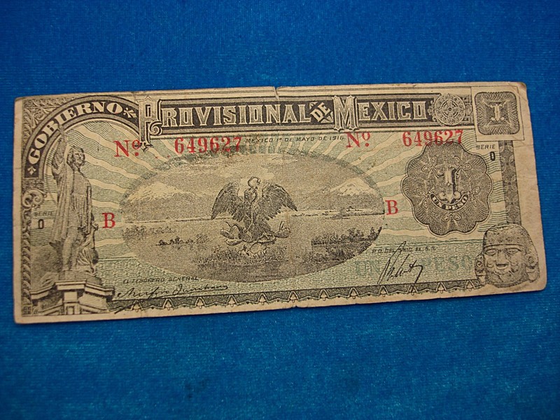 1916 Mexico 1 Peso note from the Gobierno Provisional de Mexico series 0