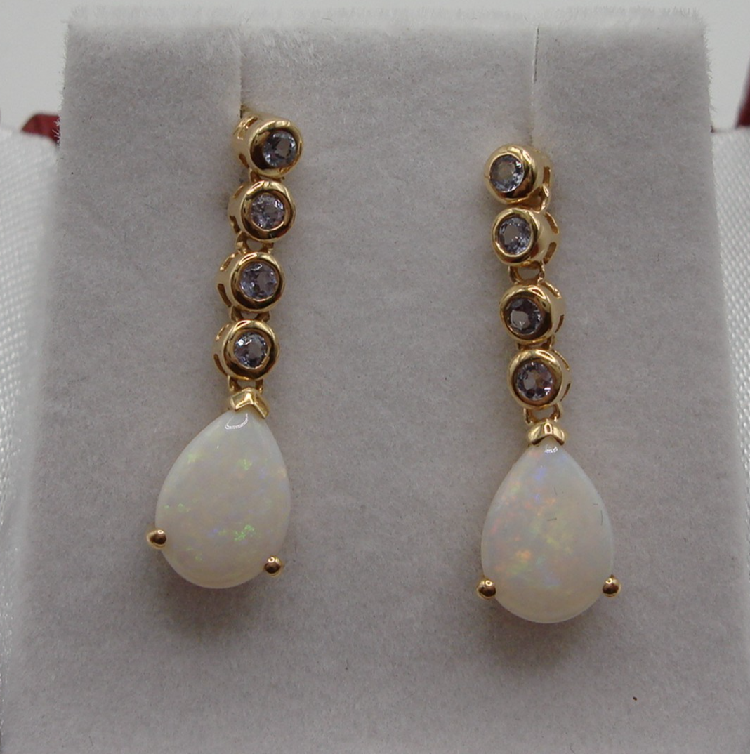 14K gold dangle earrings with fire opal and tanzanite