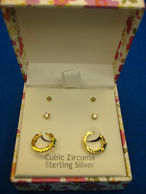 Nanette Lepore Sterling Silver & Gold Vermeil 3 Pairs Earrings Set with CZ Stones