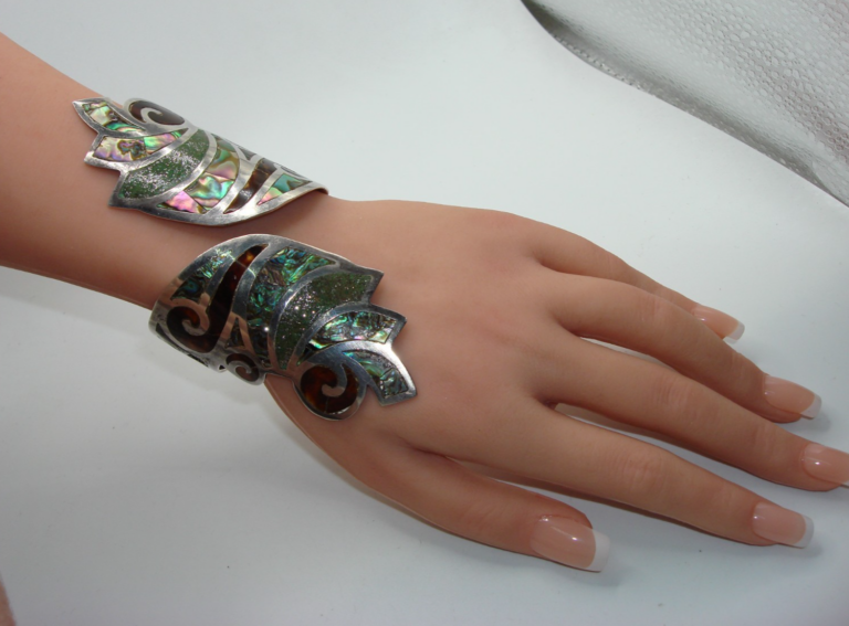 Vintage Mexico sterling silver abalone and enamel cuff bracelet, signed NEI #3