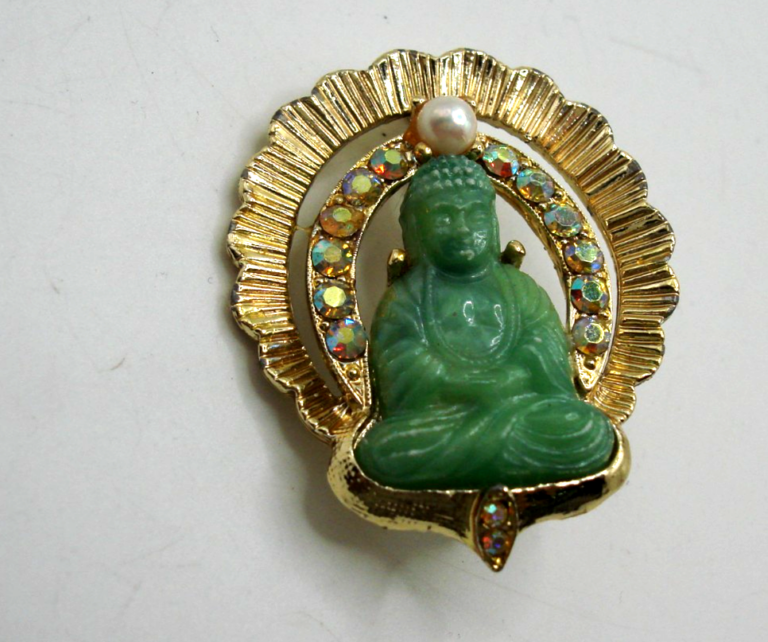 Vintage gold-tone Buddha pin with AB crystals and faux pearls