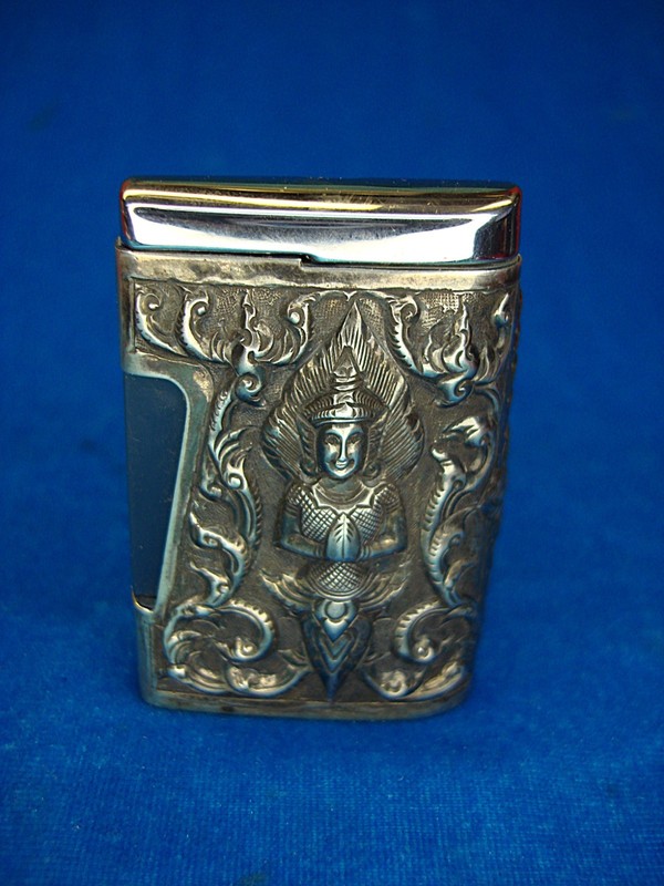 Vintage Ronson butane lighter with ornate sterling silver sleeve, handcrafted in Siam (Thailand)