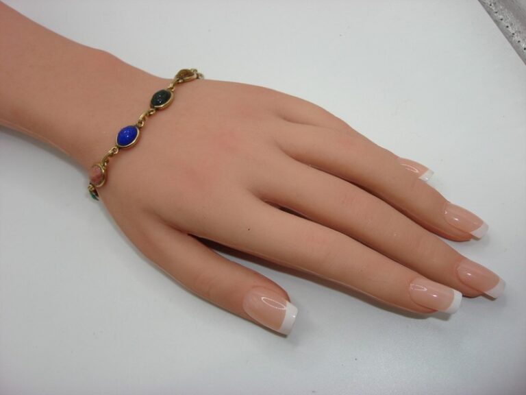 Vintage Egyptian Revival gold filled bracelet with carved scarabs and semi-precious stones