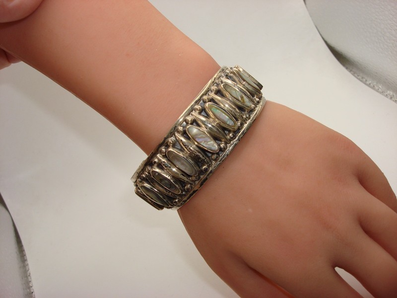 Vintage Mexico Sterling Silver Abalone Cuff Bracelet, Signed J.F.G.