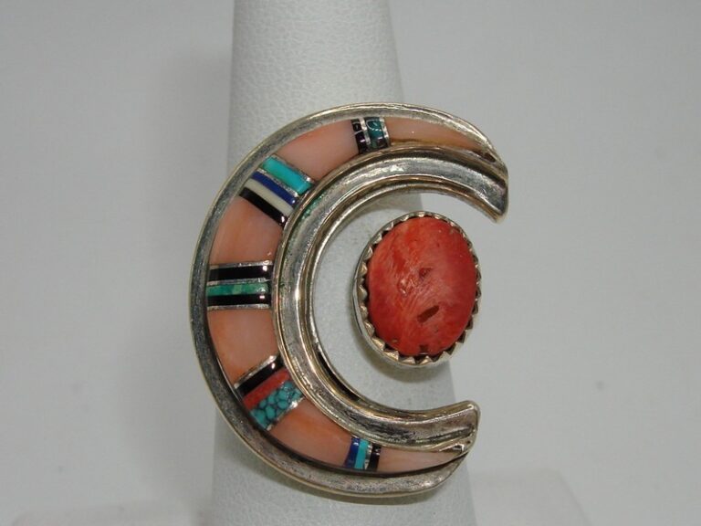 Vintage Zuni Herman Hoskie sterling silver crescent moon ring with coral and turquoise inlays