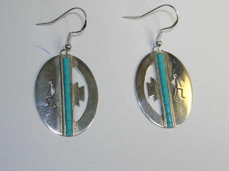 Vintage Navajo Kokopelli sterling silver and turquoise dangle earrings