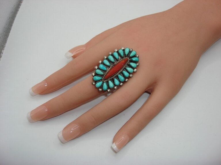 Vintage Zuni sterling silver ring with coral and turquoise, signed L & LoK, size 10