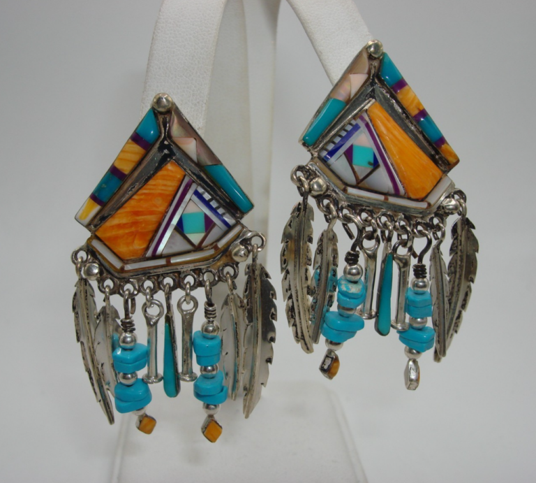 Vintage Zuni Sterling Silver Dangle Earrings with Lapis, Turquoise & Charoite Mosaic Inlay
