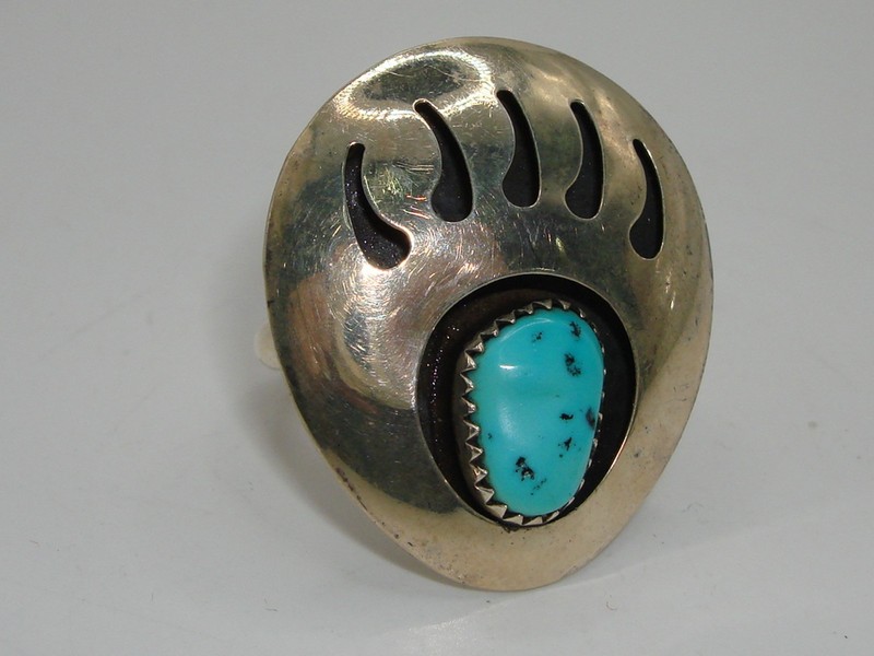 Vintage Navajo sterling silver ring with turquoise stone, signed 'H', size 7