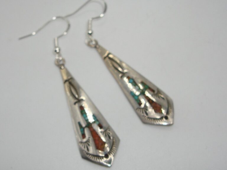Vintage Navajo Joleen Yazzie sterling silver turquoise and coral dangle earrings