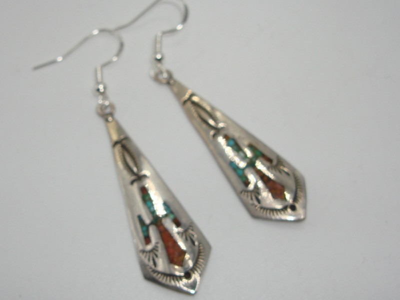Vintage Navajo Joleen Yazzie sterling silver turquoise and coral dangle earrings