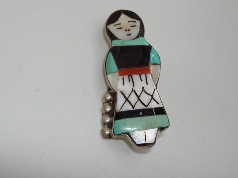 Vintage signed Zuni Corn Maiden sterling silver pin/pendant with mother of pearl and turquoise inlays