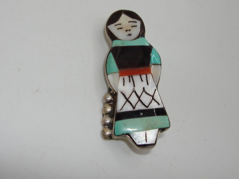 Vintage signed Zuni Corn Maiden sterling silver pin/pendant with mother of pearl and turquoise inlays