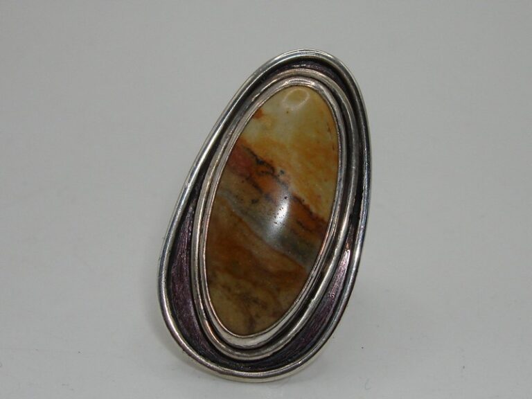 Vintage Native American Sterling Silver Landscape Jasper Ring by B.Y. Guida, Size 7.5