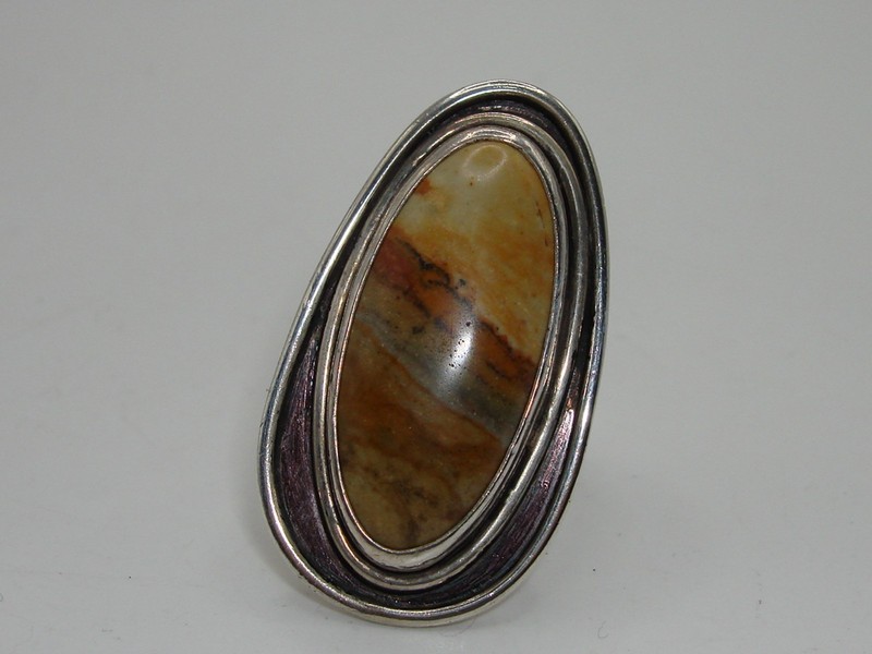 Vintage Native American Sterling Silver Landscape Jasper Ring by B.Y. Guida, Size 7.5
