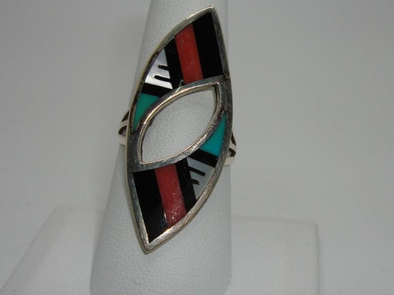 Monica Boone Zuni Sterling Silver Eye Ring with Turquoise & Coral, size 8.5