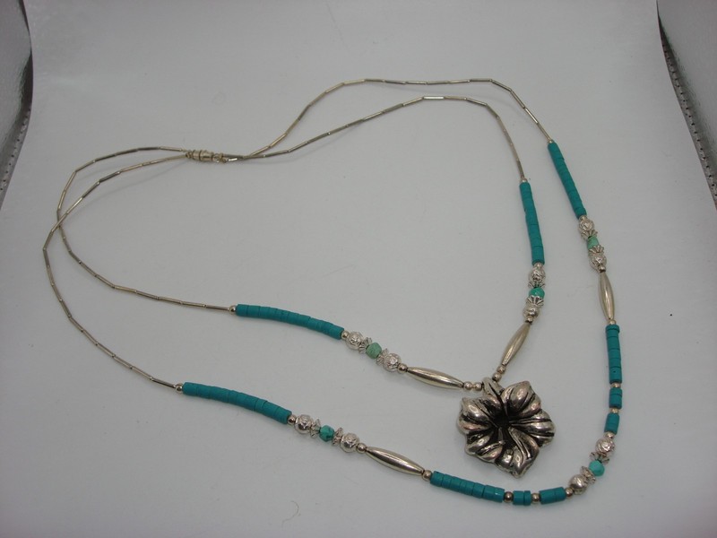Vintage Zuni silver and turquoise necklace with flower pendant