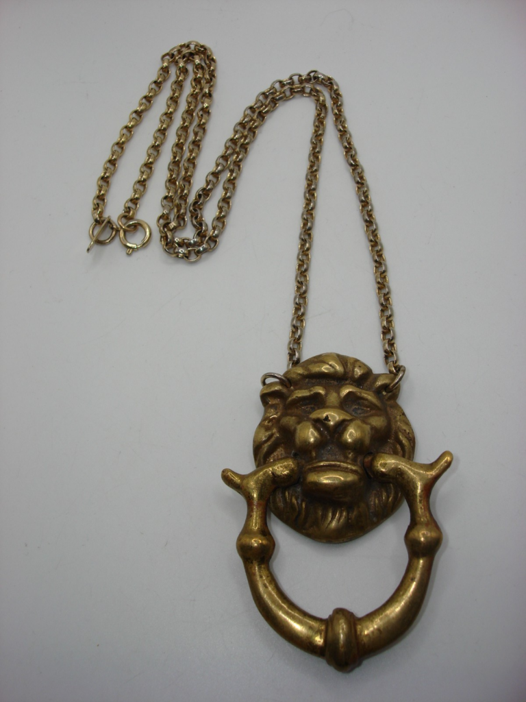 Antique solid brass lion door knocker drawer pull pendant with Whiting & Davis chain