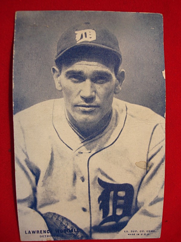 Vintage 1920s Exhibit Supply Co. baseball card of Lawrence Woodall, Detroit Tigers
