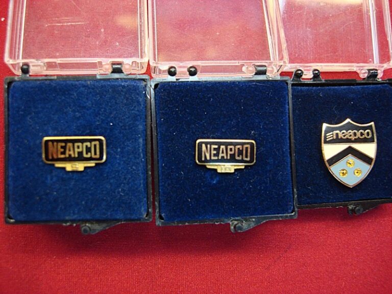 Set of three vintage NEAPCO gold-filled lapel pins commemorating 5, 10, and 15 years of service.