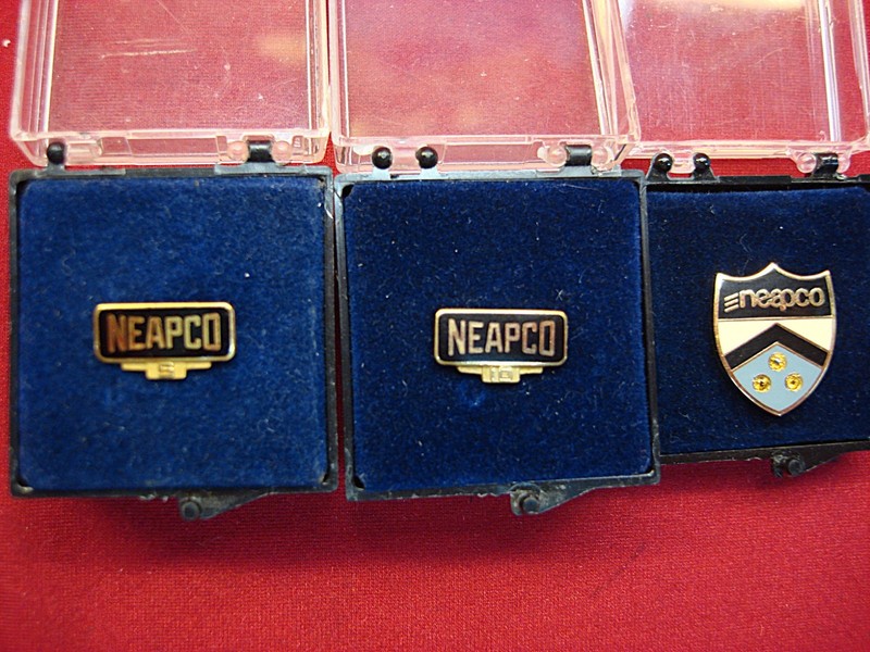 Set of three vintage NEAPCO gold-filled lapel pins commemorating 5, 10, and 15 years of service.