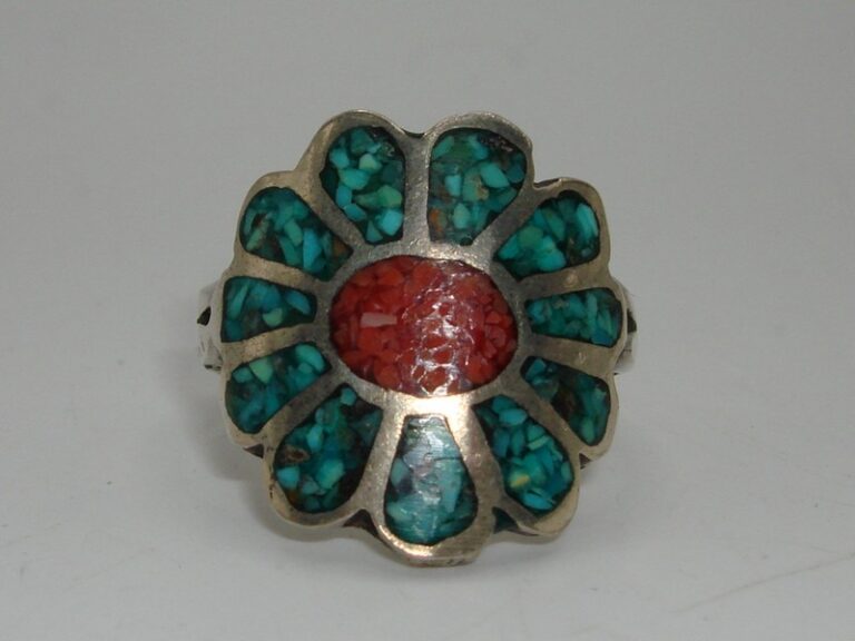 Vintage Zuni sterling silver ring with turquoise and coral inlay, size 9.5