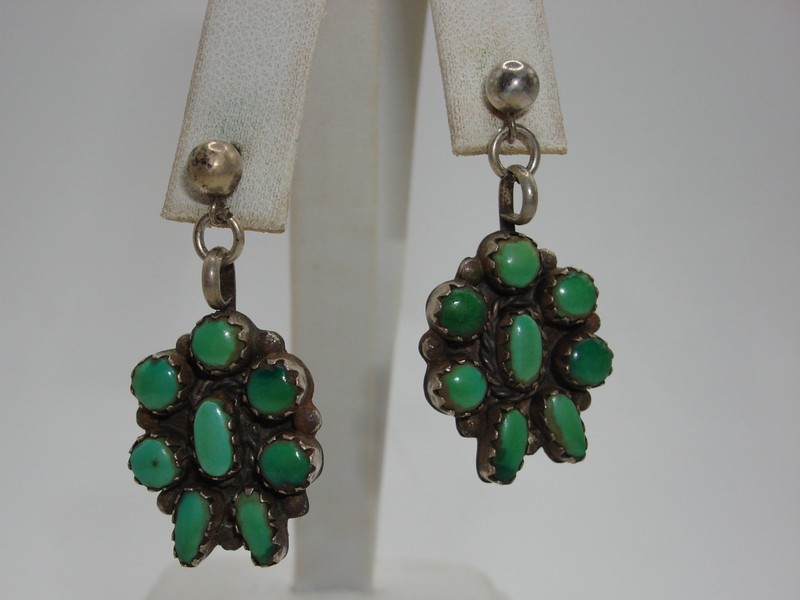 Vintage Native American sterling silver dangle earrings with turquoise floral design
