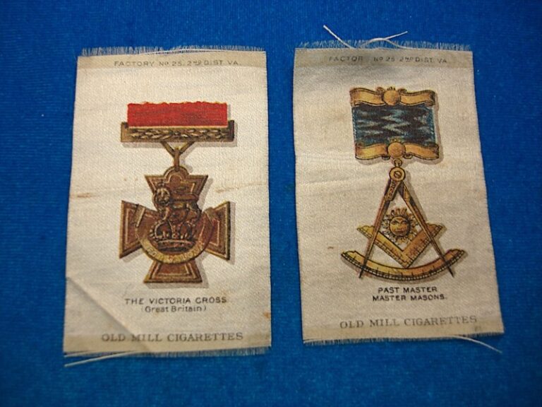 Two vintage Masonic tobacco silks featuring 'Past Master', 'Master Masons' and 'Victoria Cross' designs.