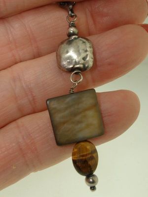 Native American signed sterling silver gemstone necklace with abalone and tiger's eye