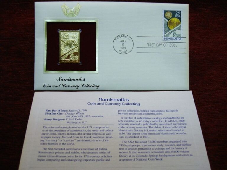 First Day Cover celebrating Numismatics with a 29-cent stamp and a 22K gold replica.