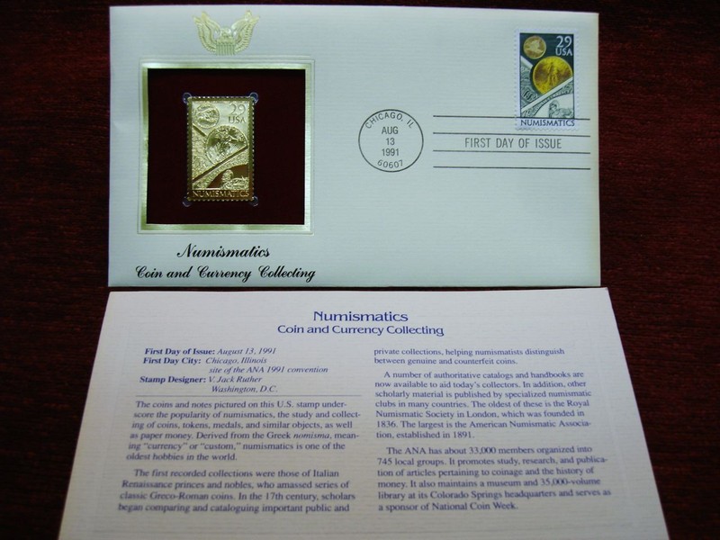 First Day Cover celebrating Numismatics with a 29-cent stamp and a 22K gold replica.