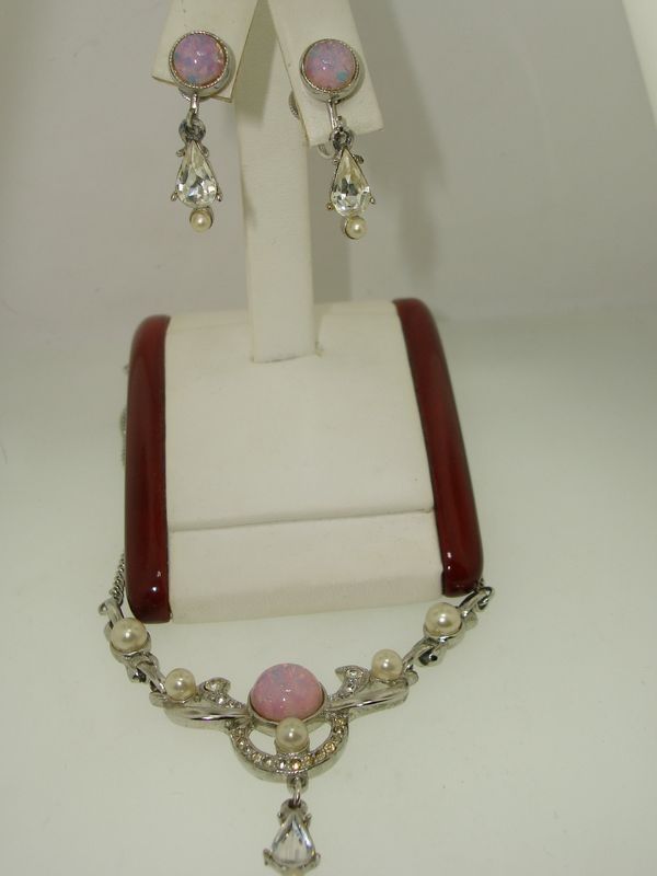 1940s vintage Anthony Creations Sterling Vermeil faux opal and pearl necklace and earring set