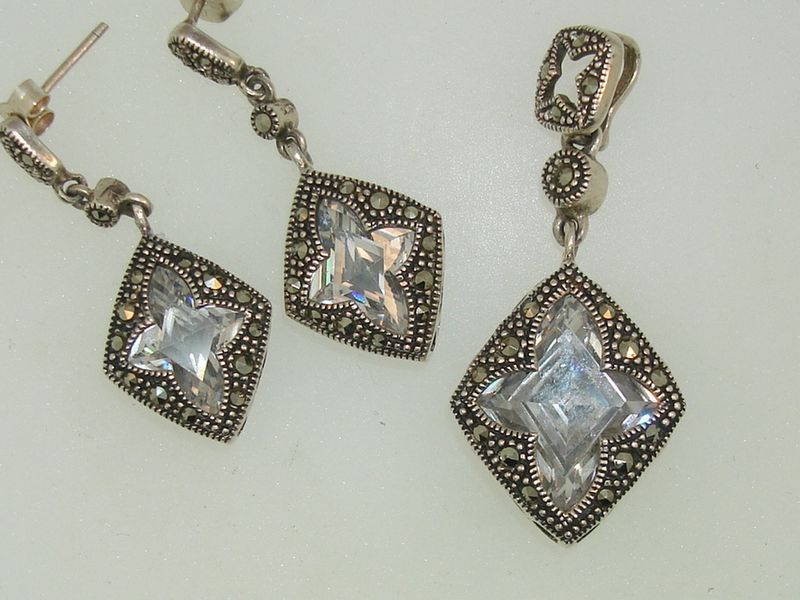 Oxidized Sterling Silver Marcasite & Lavender Glass Pendant & Earrings Set