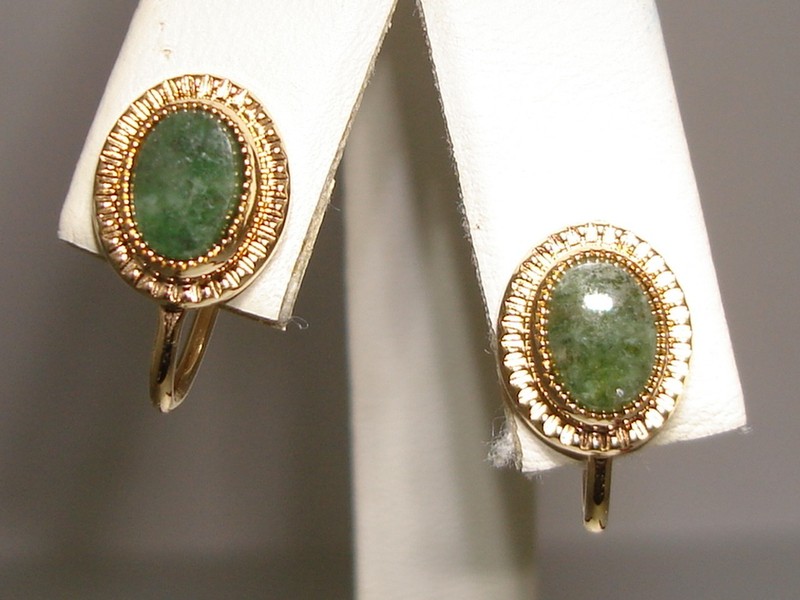 1960s jade earrings, 12k gold filled, green cabochons
