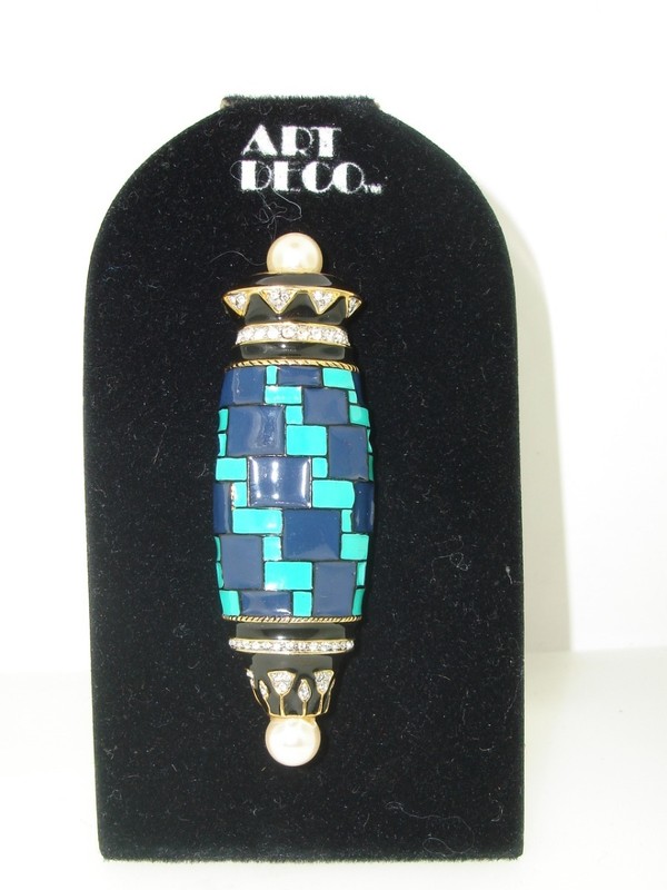 Vintage Art Deco enamel pin with faux pearls and rhinestones, 1989