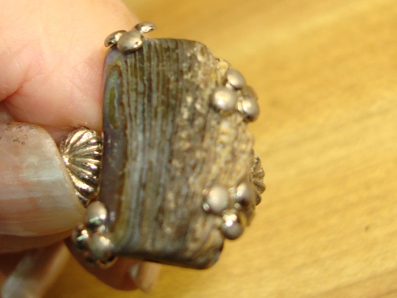 Vintage Native American silver ring with abalone and petrified wood