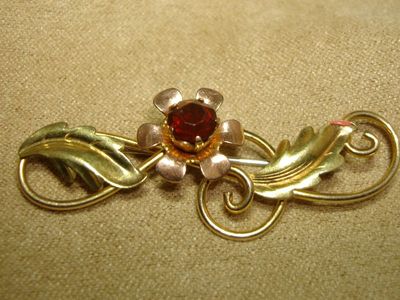 Vintage Van Dell 12K gold-filled tri-color floral brooch pin with red rhinestone