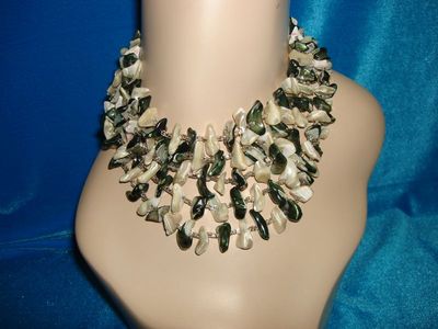 Vintage Japanese abalone and pearl necklace, 5 strands, green and white