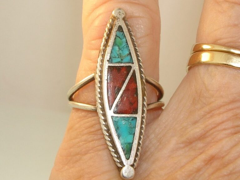 Vintage Native American sterling silver ring with coral and turquoise inlay