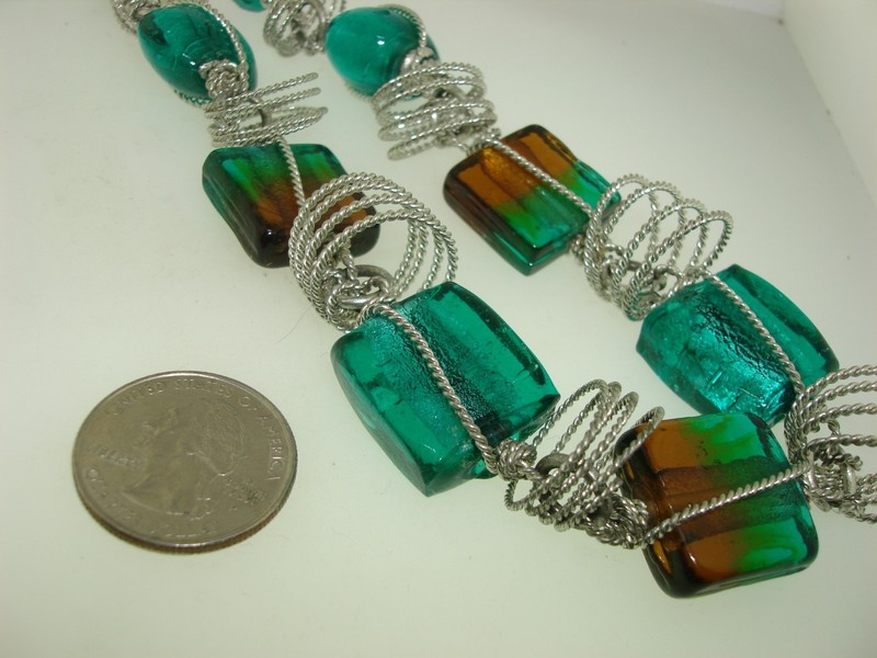 Teal green and brown art glass wire-wrapped statement necklace with silver-tone metal