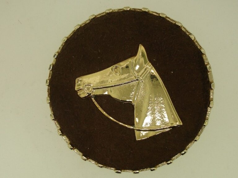 Vintage 1960s gold-tone horse head pin on suede