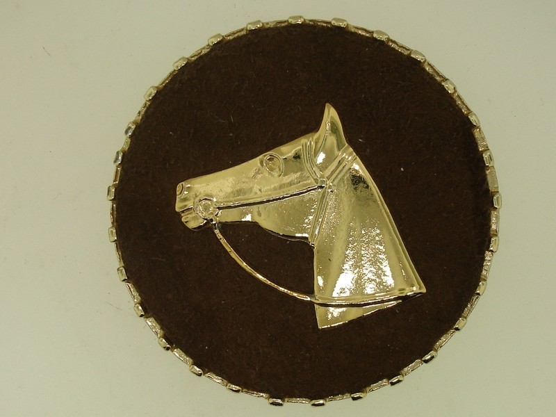 Vintage 1960s gold-tone horse head pin on suede