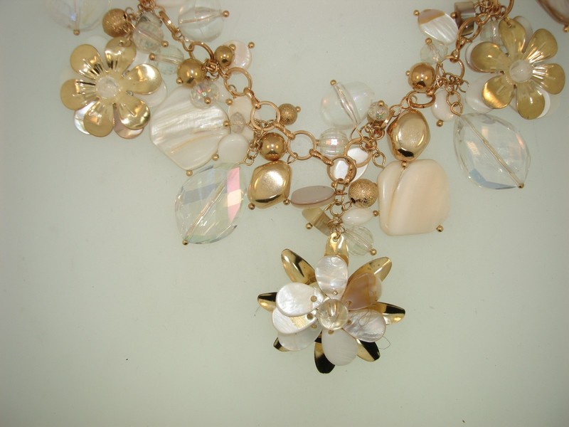 Gold-tone mother-of-pearl and crystal bib necklace