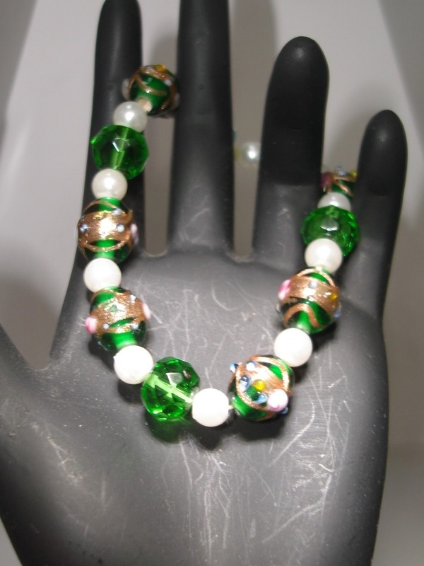 Murano wedding cake bead and faux pearl stretch bracelet with green AB glass beads
